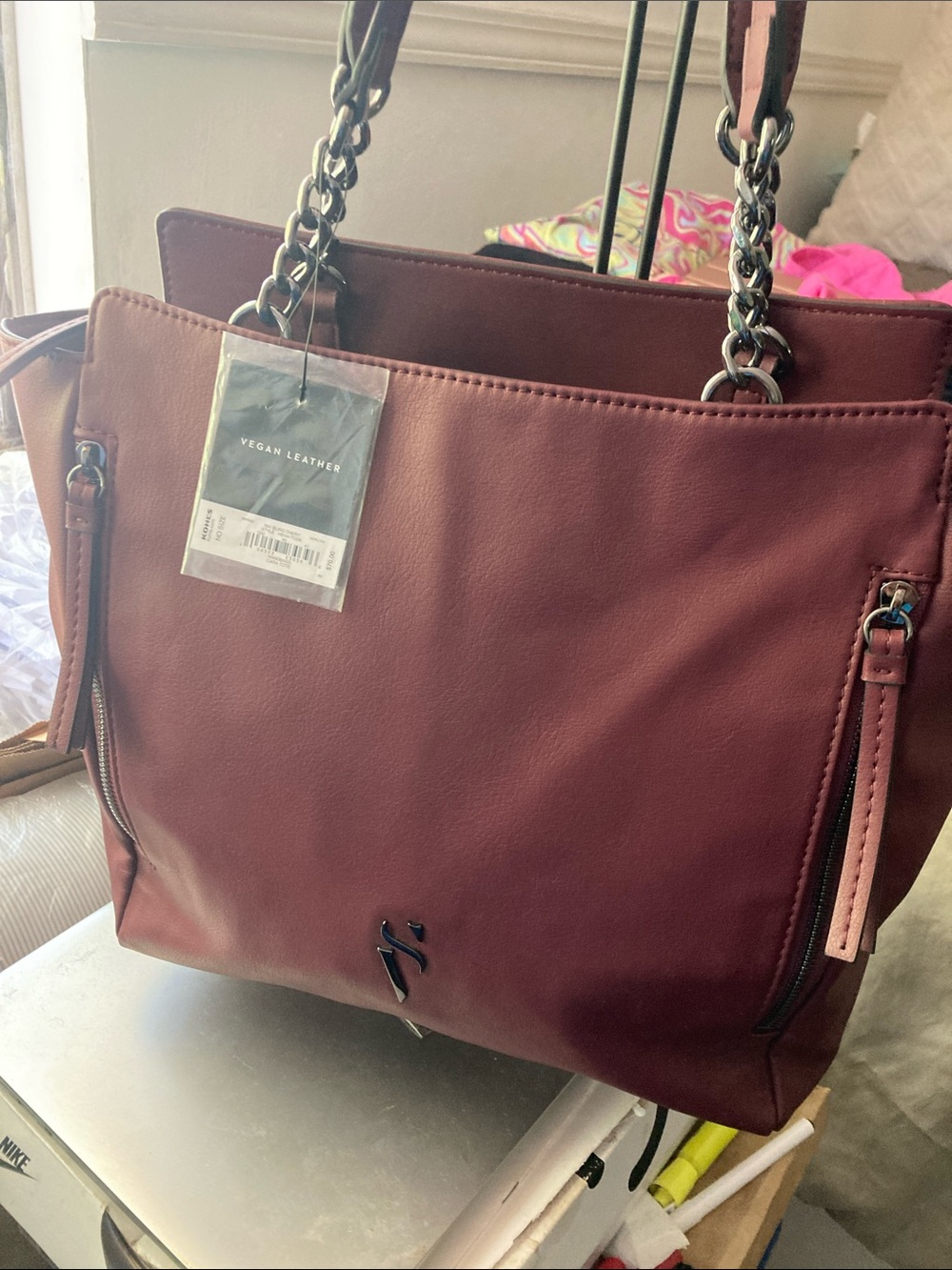 Simply Vera Vera Wang Wine Vegan Leather Tote with Chain Straps